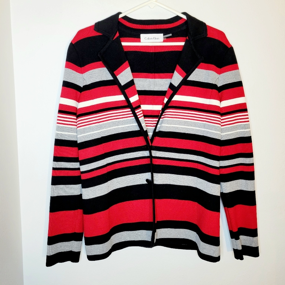 Calvin Klein Red, Black, and Gray 2 Button Knit Cardigan. Womans Size Large